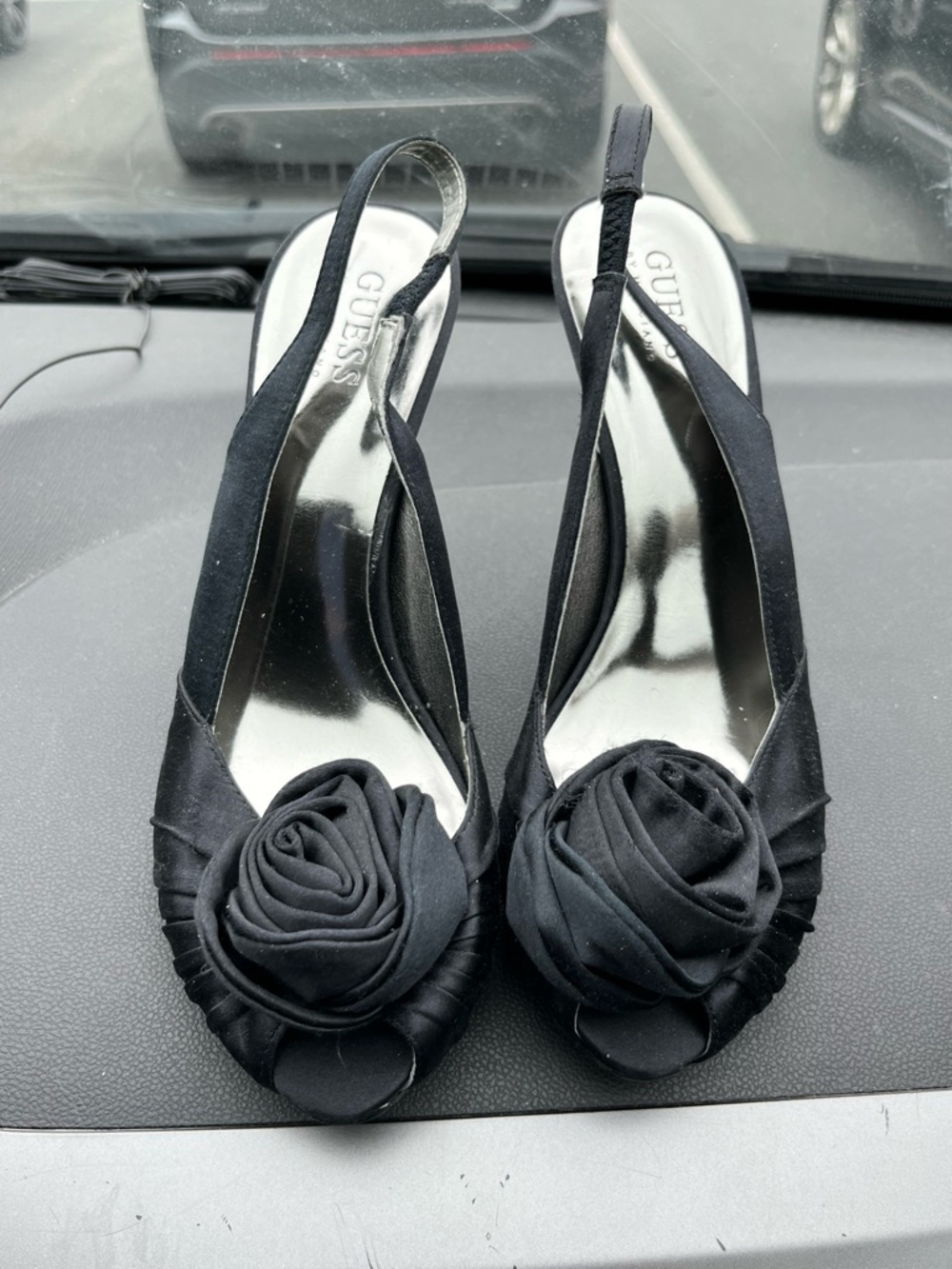 Guess Slingback Satin Peep-Toe Heels with Rosette Accent